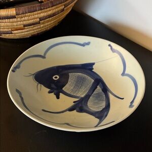 Vintage Chinese Koi Fish Hand Painted Blue& White Porcelain serving Bowl
